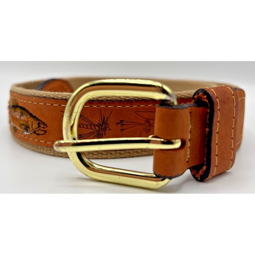 Zep-Pro Fly Fishing Lure Belt Sz 32 Made in USA Leather Canvas Brass Buckle